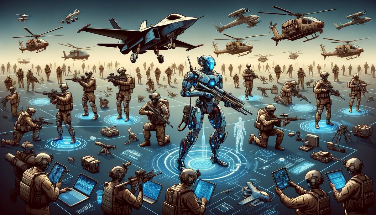 A futuristic battlefield with AI-driven systems and human soldiers