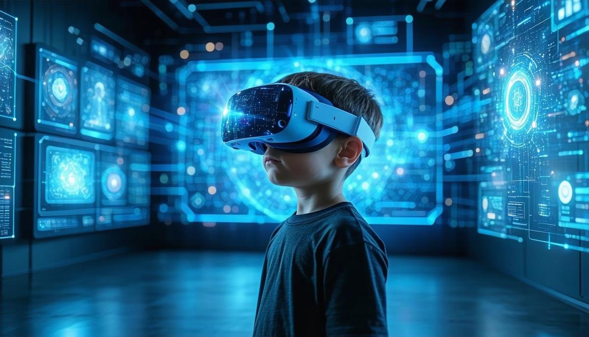 A futuristic scene depicting seamless integration of AI and VR in various applications like education, gaming, and professional training