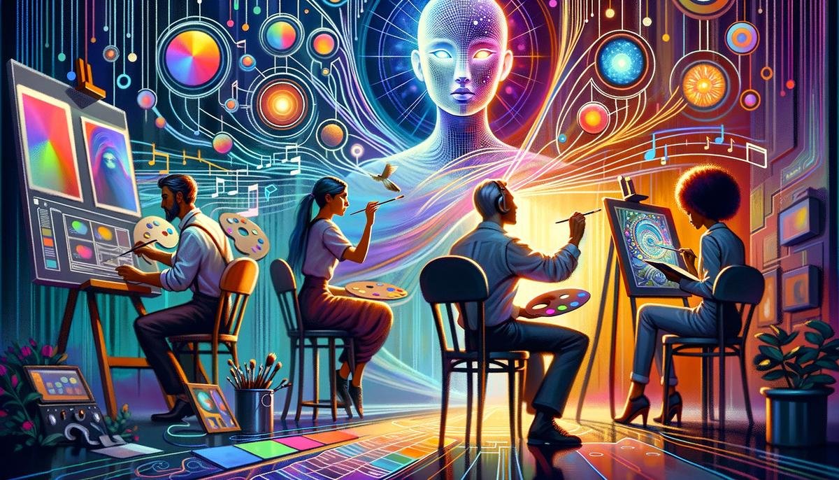 An illustration showing AGI technology collaborating with artists across various fields, enabling new forms of creative expression and opening up innovative artistic possibilities.