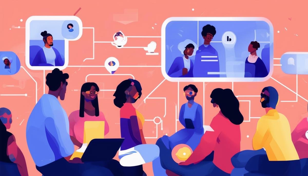 An illustration depicting AGI facilitating meaningful, empathetic interactions among a diverse group of users on a social network, fostering deeper connections and understanding.
