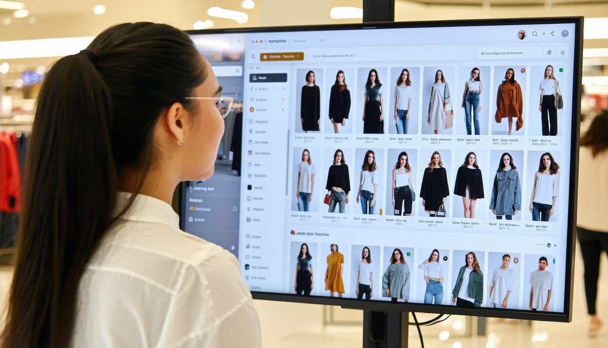 An AGI-powered virtual shopping assistant interacting with a diverse group of online shoppers, providing personalized recommendations and support