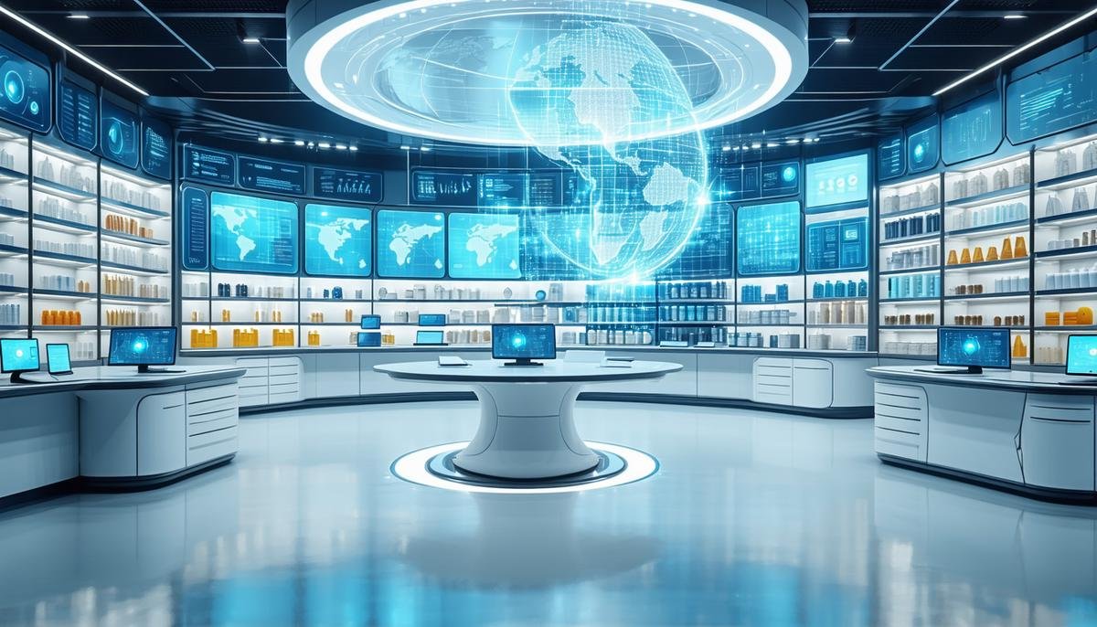 A futuristic control center showcasing AGI optimizing various aspects of e-commerce operations, including inventory, supply chain, and demand forecasting