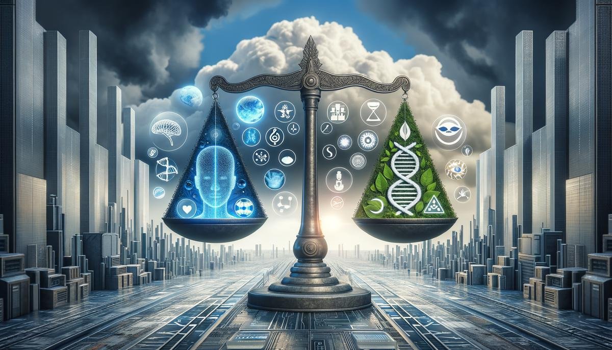 A balancing scale weighing the benefits and risks of AGI development, with symbols representing ethical concerns and potential advancements