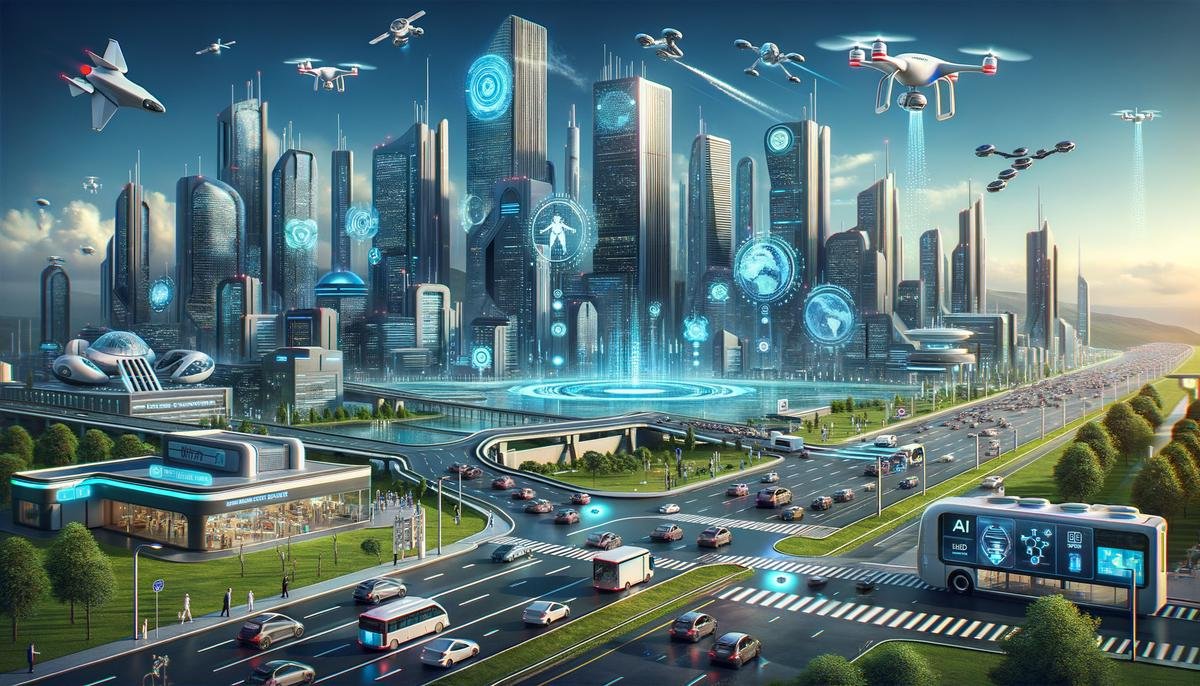 A futuristic cityscape showcasing AGI integration across various sectors