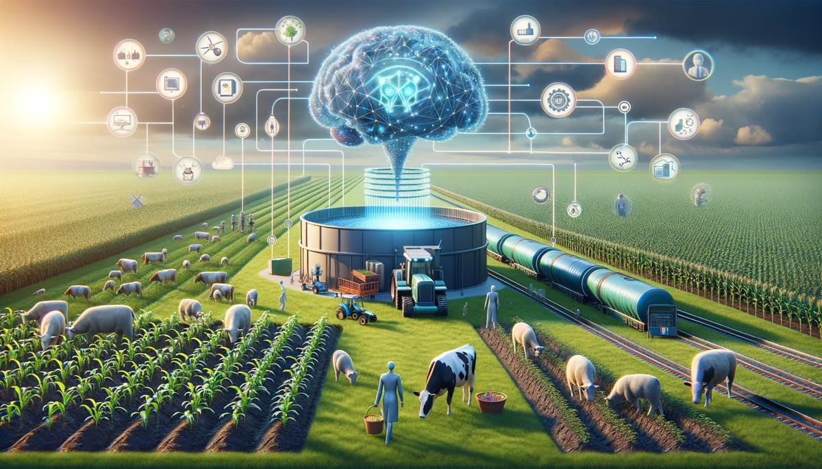 An illustration showcasing AGI's applications in crop and livestock management, such as early disease detection, yield prediction, and monitoring of animal health and behavior. The image depicts how AGI analyzes data from sensors and monitoring devices to provide actionable insights that improve crop yields, mitigate risks, and ensure the well-being of livestock.