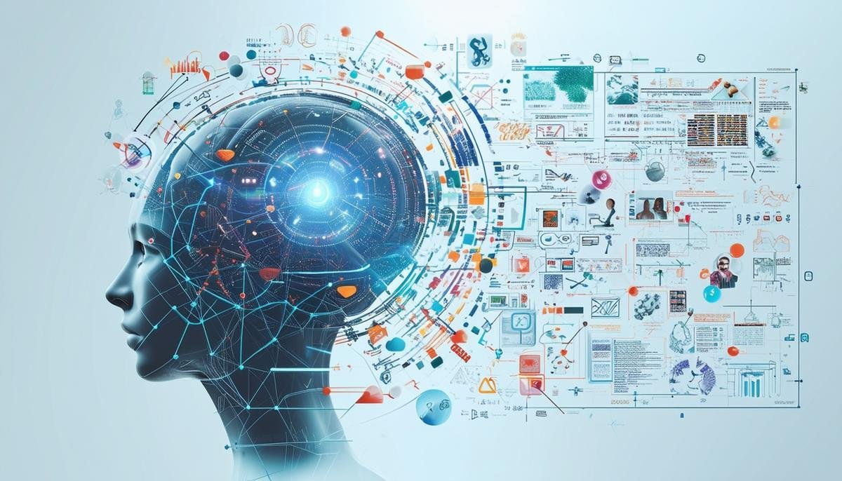 A conceptual digital illustration representing the potential of Artificial General Intelligence (AGI) to integrate various capabilities and drive cross-disciplinary innovations.