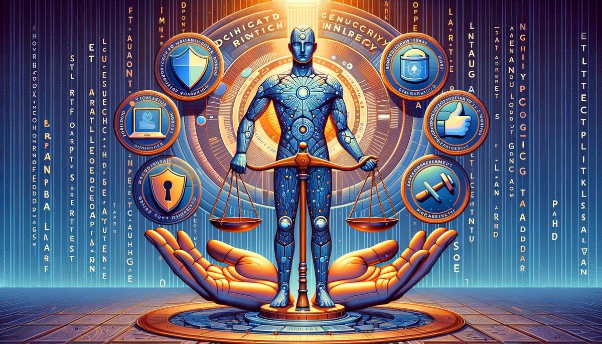 An illustration highlighting the key ethical considerations surrounding AGI integration in social networks, such as data privacy, fairness, security, and transparency.
