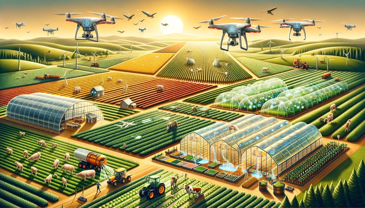 An illustration showcasing real-world success stories of AGI applications in various agricultural sectors, such as AGI-enabled drones for crop monitoring, automated greenhouses, precision livestock farming, and AI-powered irrigation systems. The image highlights the tangible benefits of AGI in improving yields, resource efficiency, and overall sustainability across different agricultural domains.