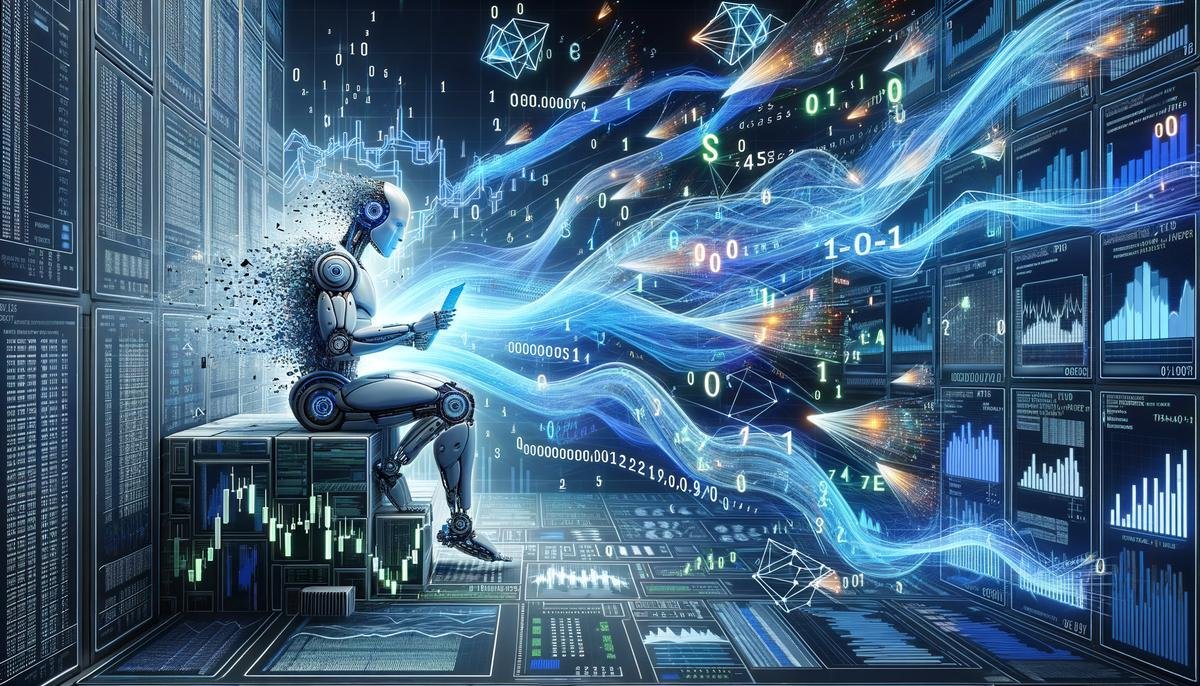 A visualization of an artificial intelligence system rapidly executing trades and market transactions through complex algorithms.