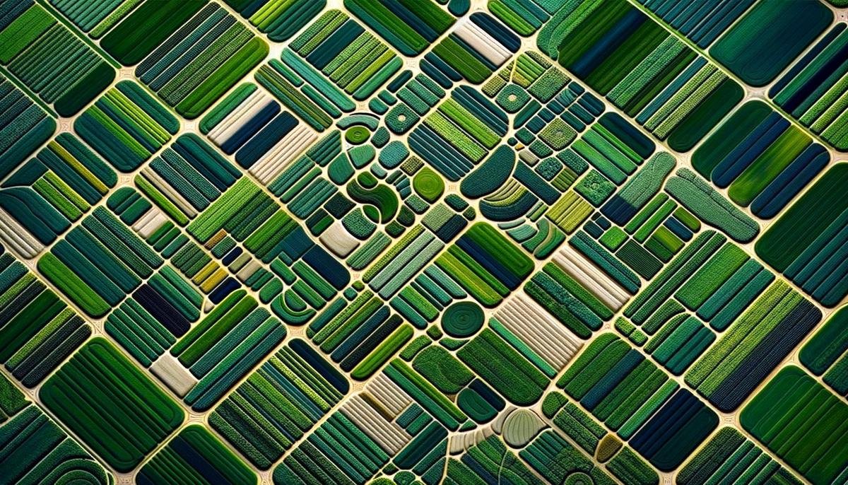 Aerial view of a farm field with different shades of green, showing patterns and anomalies, with a focus on precision agriculture