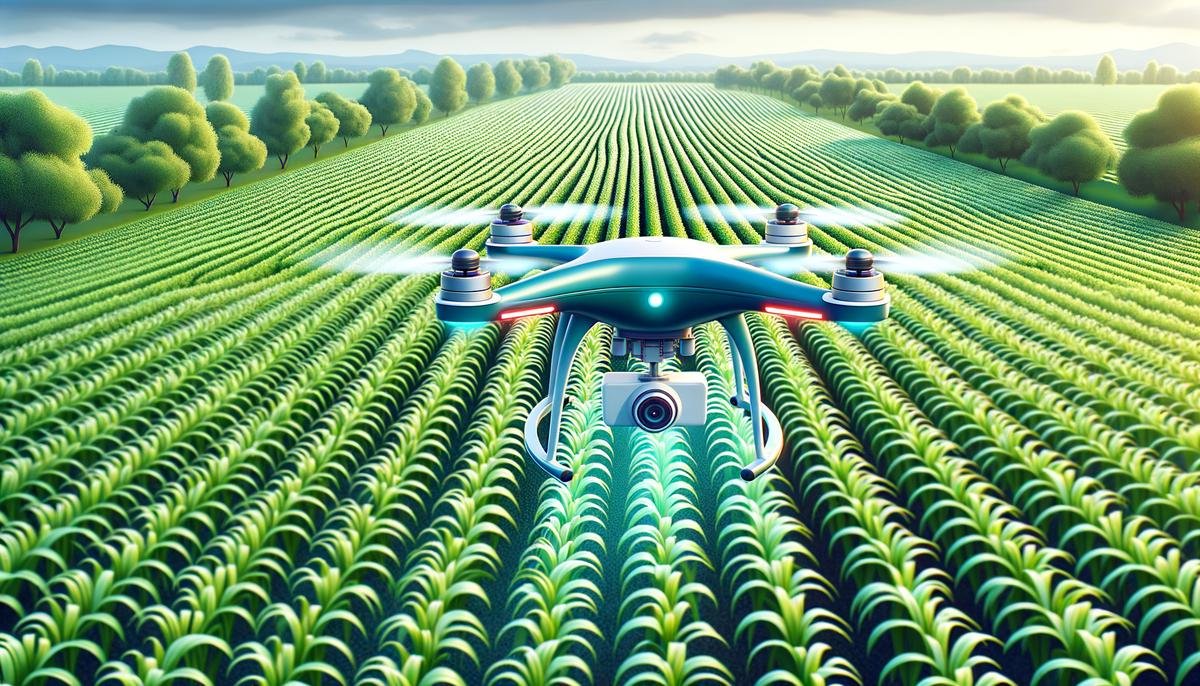 A high-resolution image showing a drone flying over a lush green farm field, capturing detailed leaf-level imagery with advanced sensors and cameras.