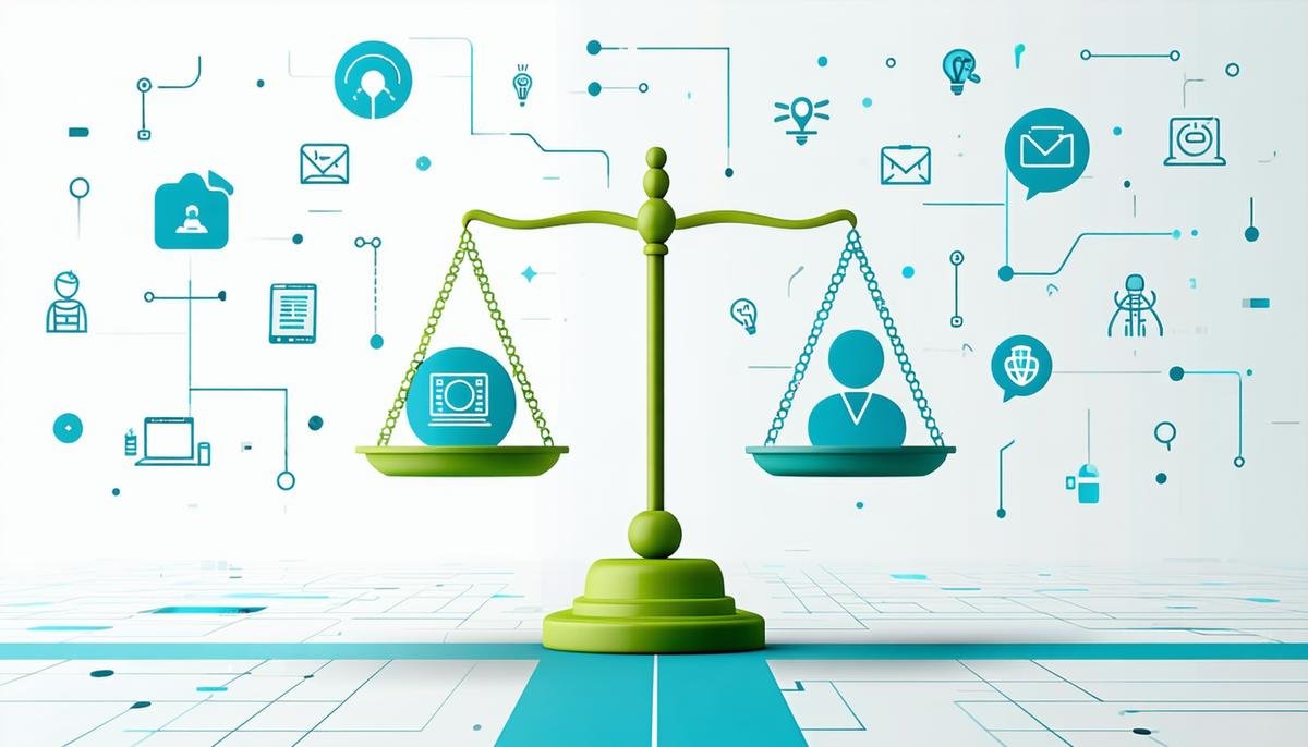 A balanced scale with 'Challenges' and 'Opportunities' on either side, surrounded by AI symbols and startup icons