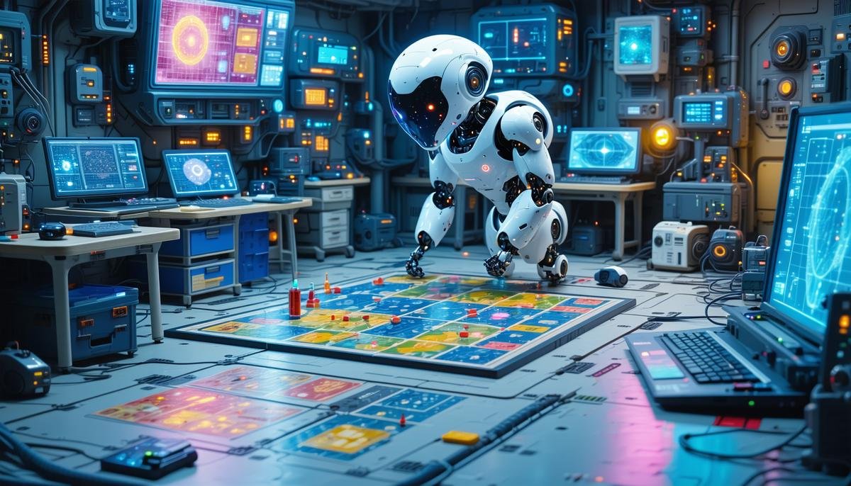An AI agent exploring a diverse environment with game boards, medical equipment, and city infrastructure