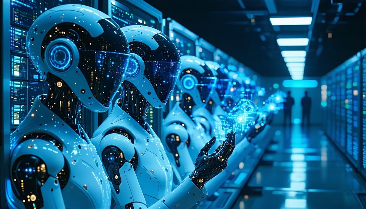 AI agents analyzing complex datasets and making intelligent decisions in a futuristic data center