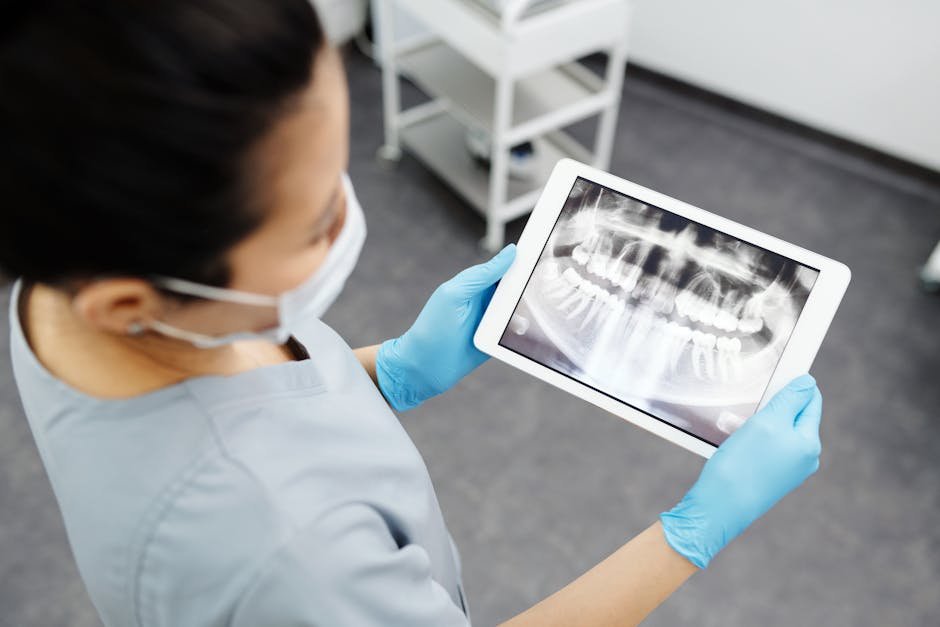 AI system analyzing a dental X-ray with highlighted areas indicating potential issues