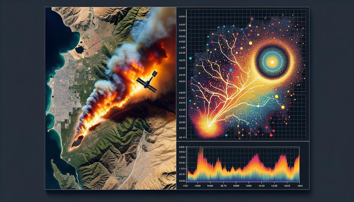 Visual representation of AI analyzing satellite imagery for environmental monitoring and wildfire management