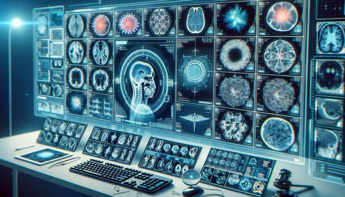 AI system analyzing various medical images including X-rays, MRIs, and microscopic cell samples