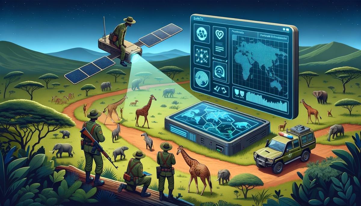 An illustration of AI-powered tools being used to predict and prevent poaching activities, including satellite imagery analysis and optimized ranger patrol routes.