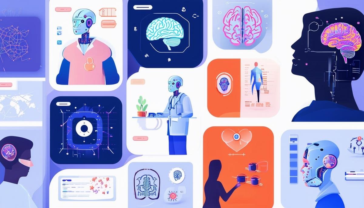 A collage-style image showcasing various AI applications in mental health, including chatbots, brain scan analysis, and personalized therapy suggestions