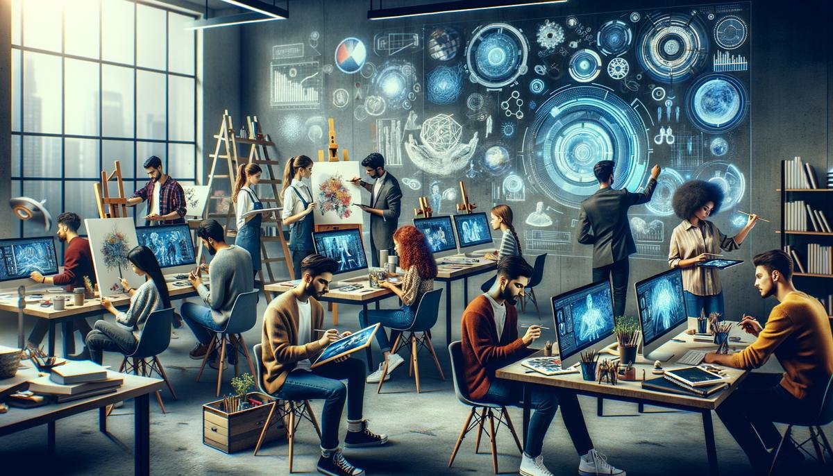 A futuristic art classroom where students use both traditional art tools and AI-powered digital interfaces to create artwork