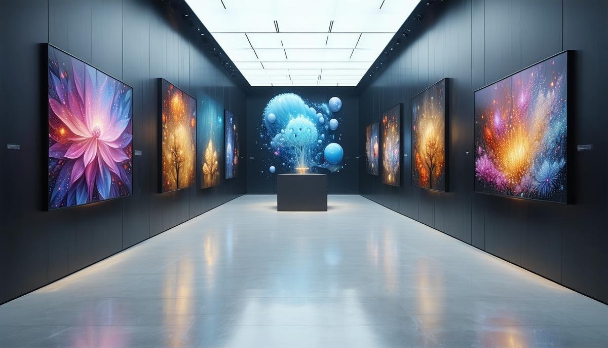 A futuristic art gallery showcasing various forms of AI-generated art across different mediums