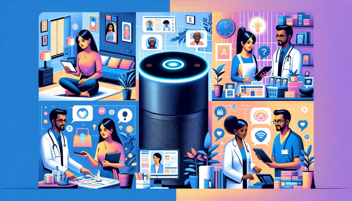 Collage of AI voice assistants being used in various settings including smart home, healthcare, and retail