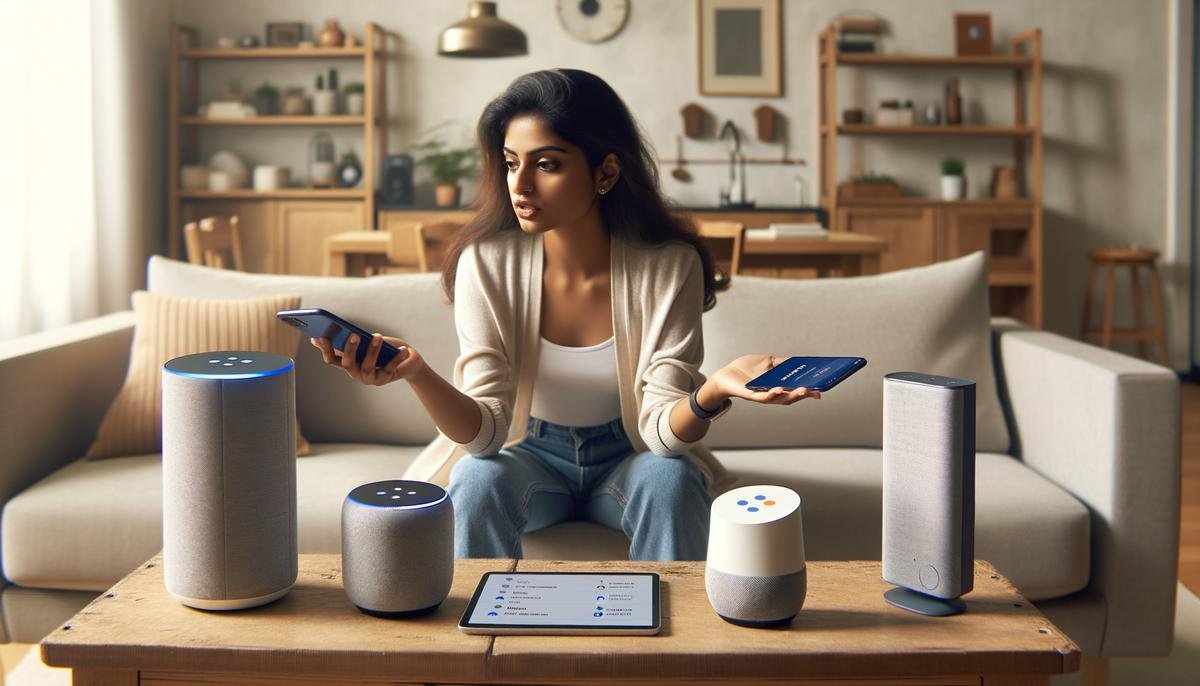 A person interacting with various AI personal assistant devices in a smart home setting