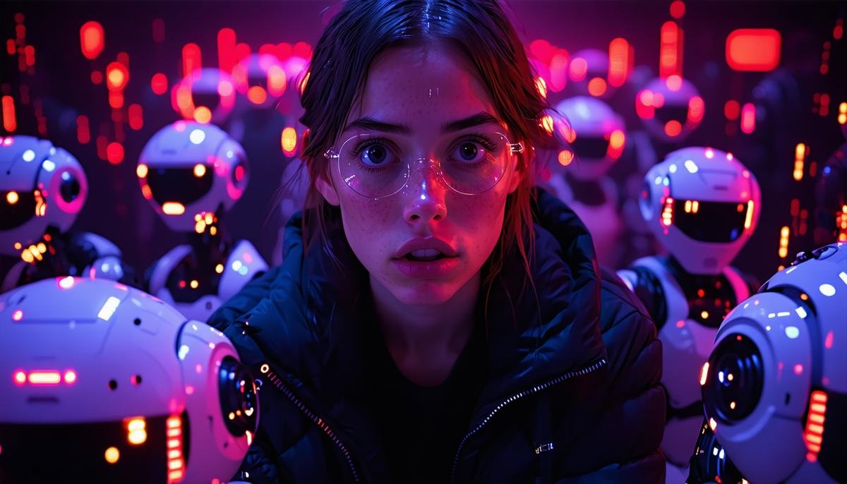 A person looking concerned while surrounded by AI devices with glowing red lights