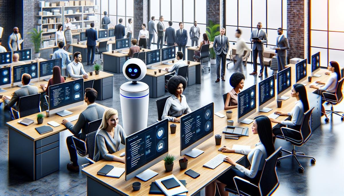 A busy office with AI personal assistants helping workers manage tasks