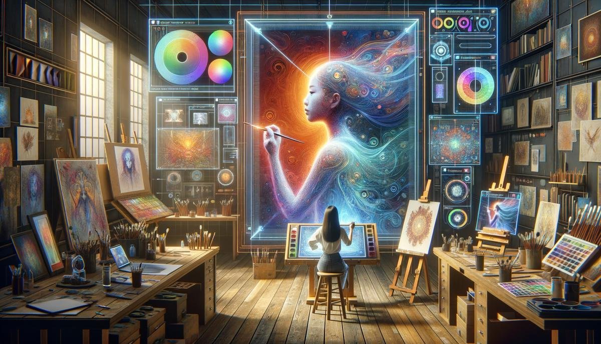 An artist working on a digital canvas with AI suggestions appearing around the artwork