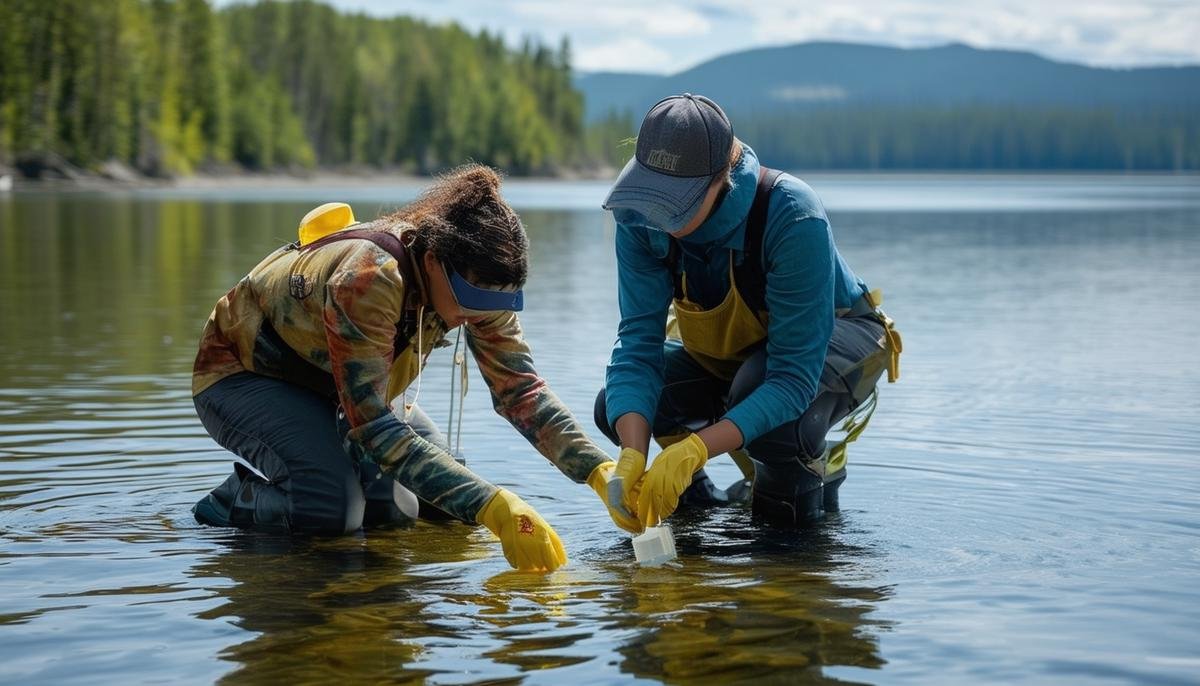 Researchers collecting eDNA samples from a lake, which will be analyzed using AI algorithms to assess biodiversity and detect rare species.