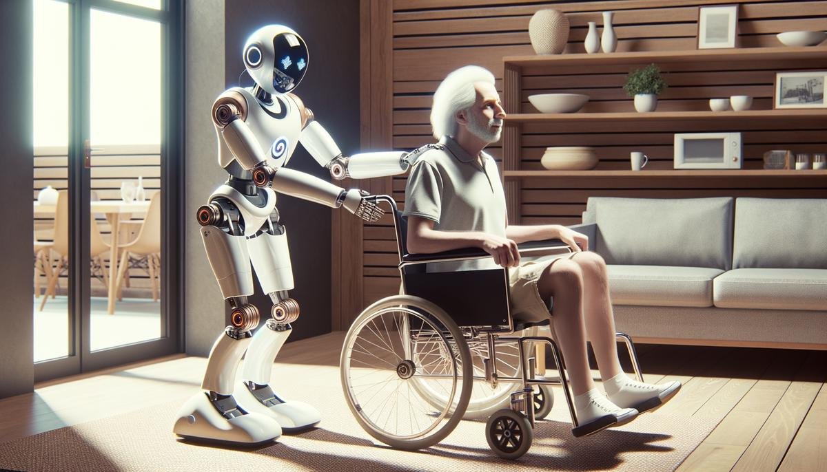 A humanoid robot assisting a person with mobility impairment in a daily task at home