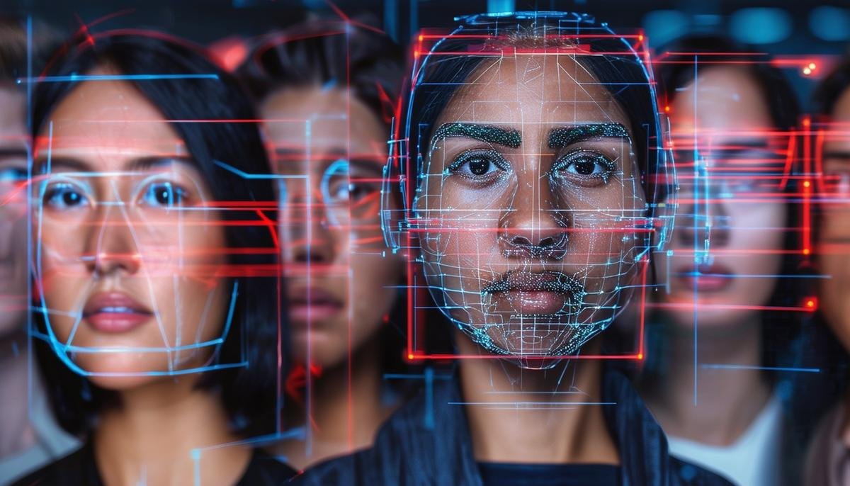 A diverse group of people being scanned by AI facial recognition, with some faces highlighted to show potential bias issues