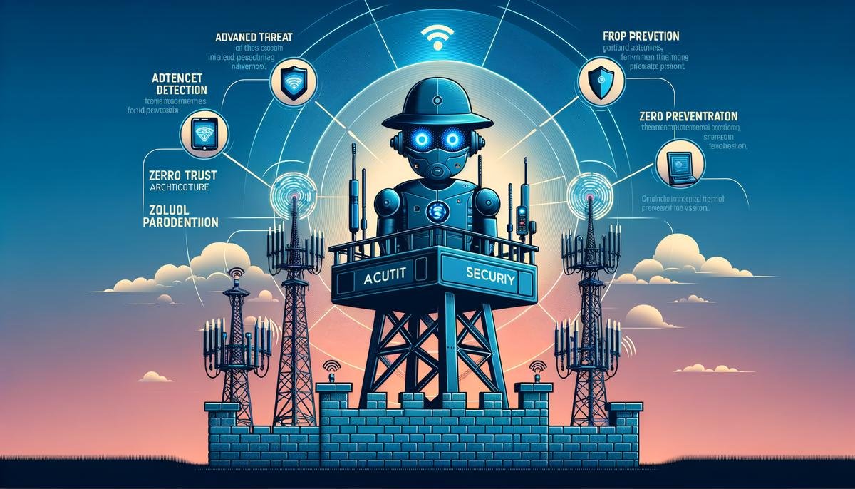 An image illustrating how AI enhances telecom network security through threat detection, fraud prevention, and zero trust architecture implementation.
