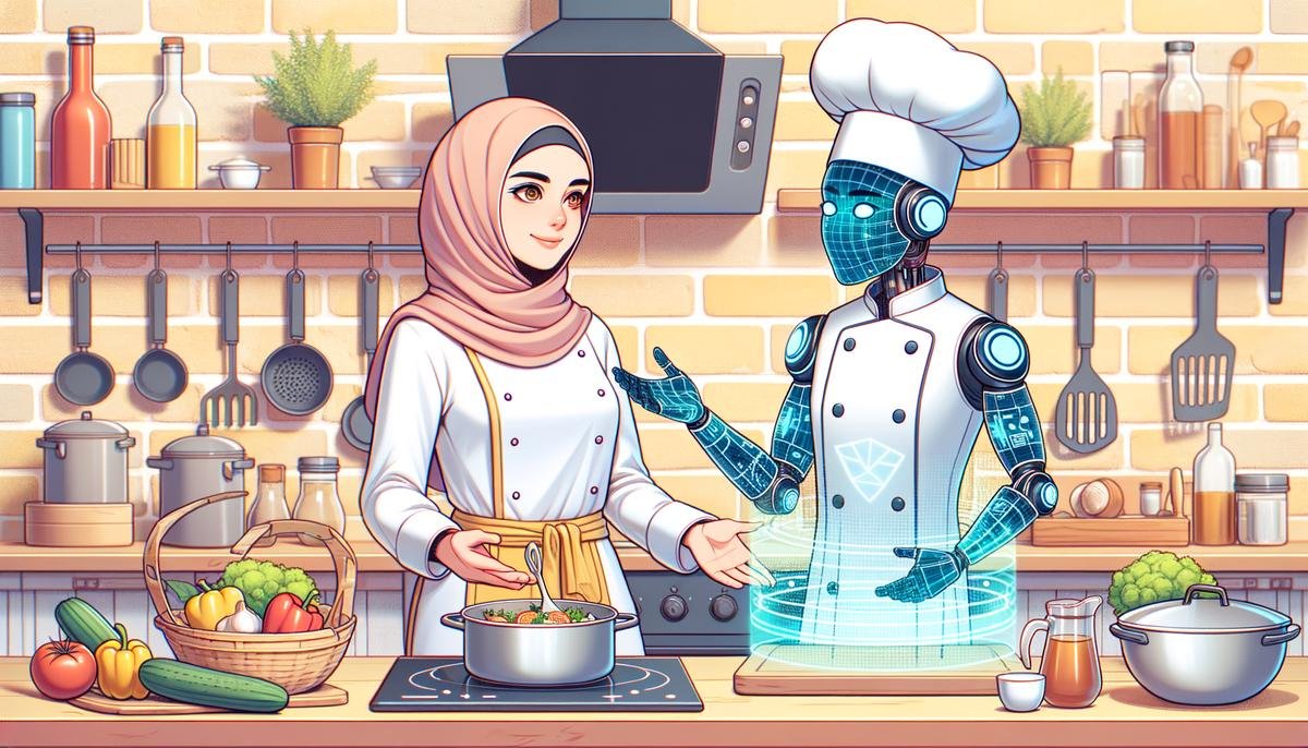 A digital representation of an AI chef assistant helping a person cook in a kitchen