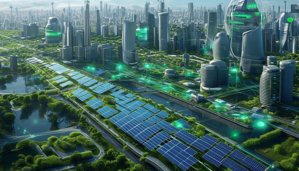 A futuristic cityscape powered by renewable energy, with AI-optimized smart grids and green infrastructure seamlessly integrated into the urban landscape.