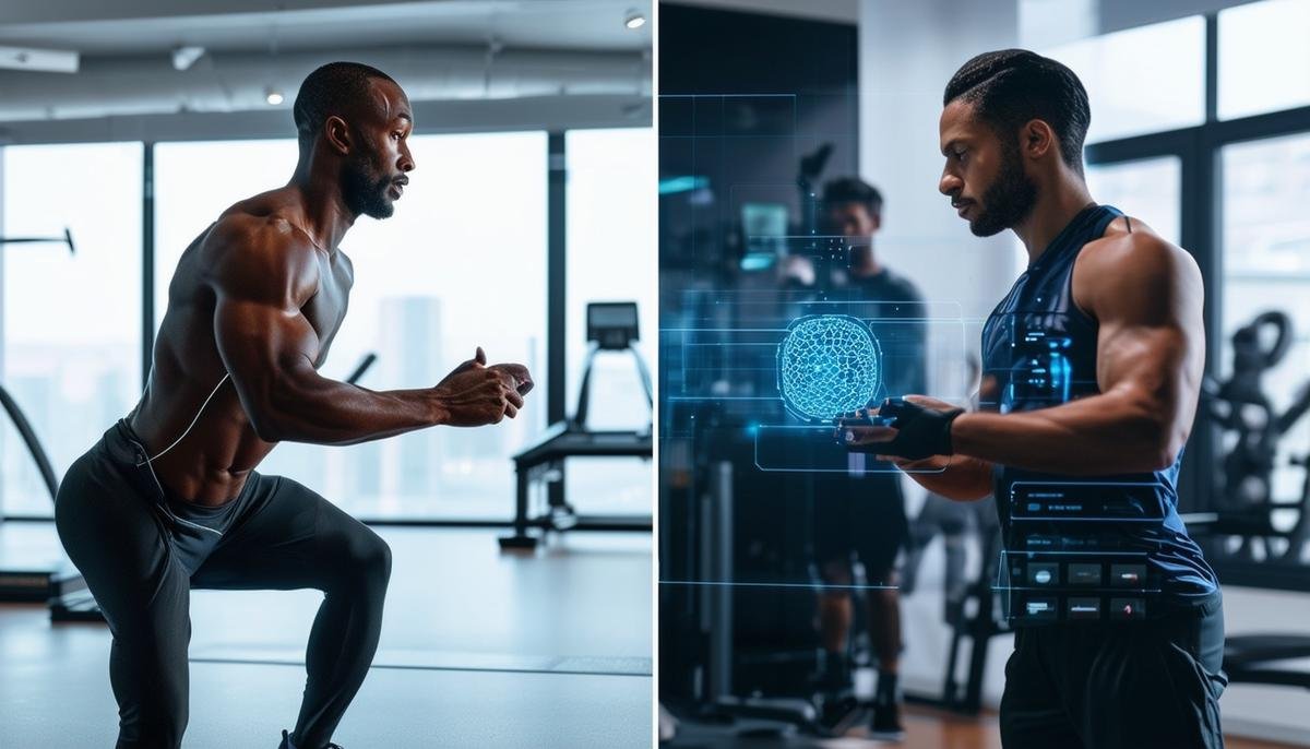 Split image comparing an AI coach interface with a human personal trainer guiding an athlete