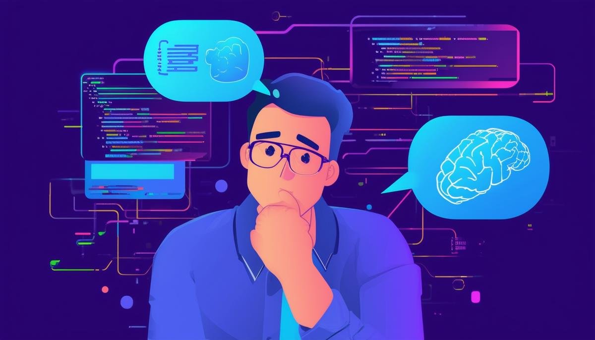 A developer contemplating complex code with thought bubbles showing various challenges of AI-assisted coding