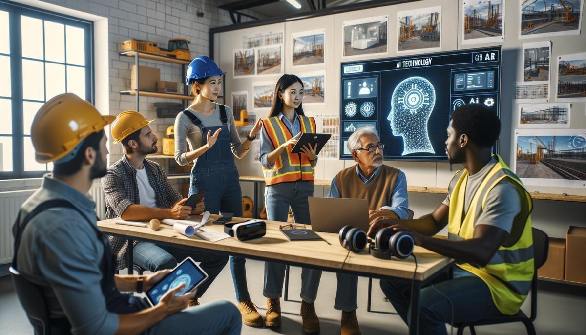 A diverse group of construction workers participating in an AI technology training session, with both young and experienced workers engaged