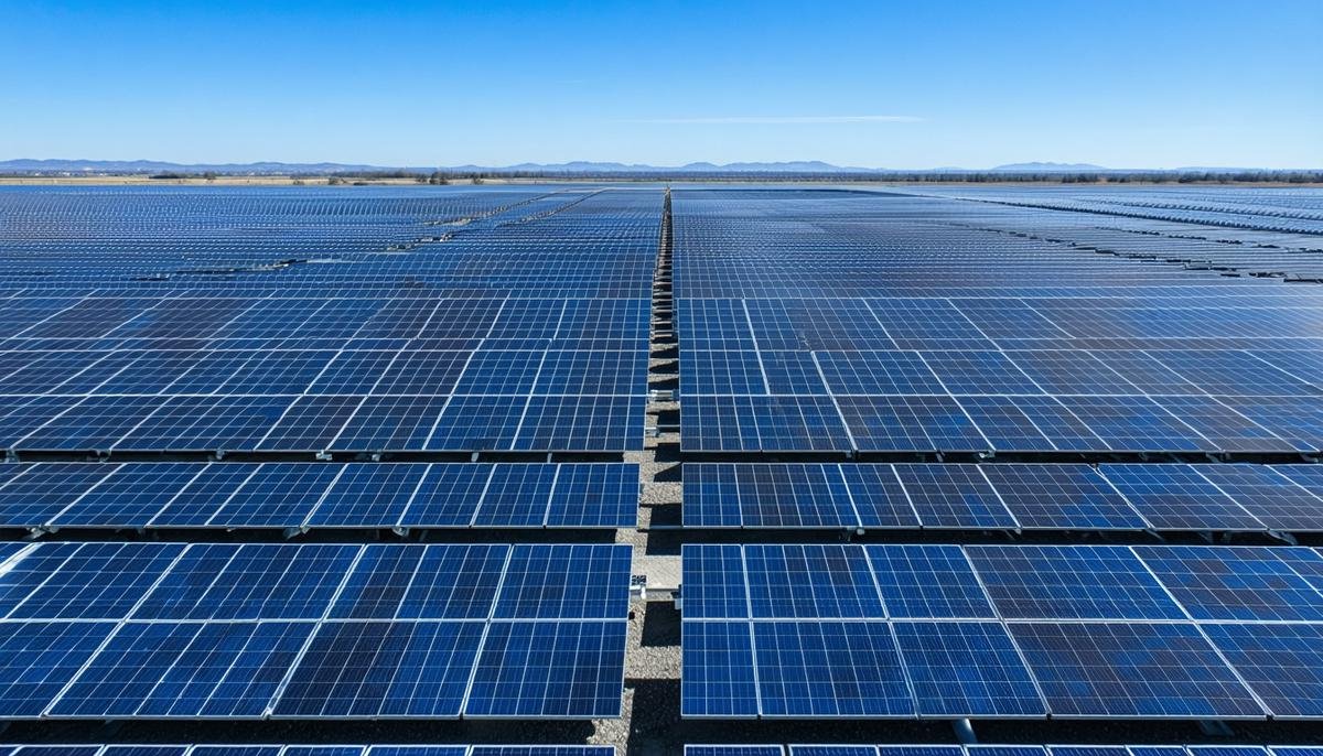 A large solar farm with panels adjusting to optimal angles guided by AI