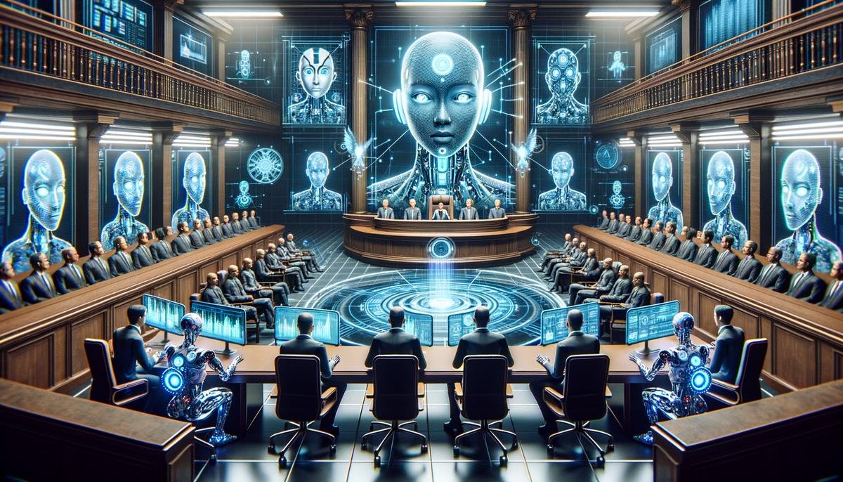 A futuristic courtroom scene with AI entities participating in legal proceedings