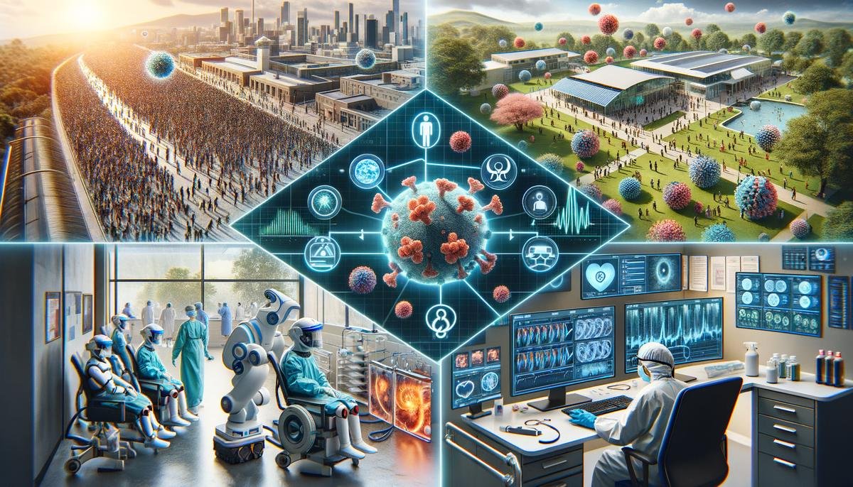 A collage of AI applications in COVID-19 management, including remote diagnostics, crowd screening, and robotic assistance