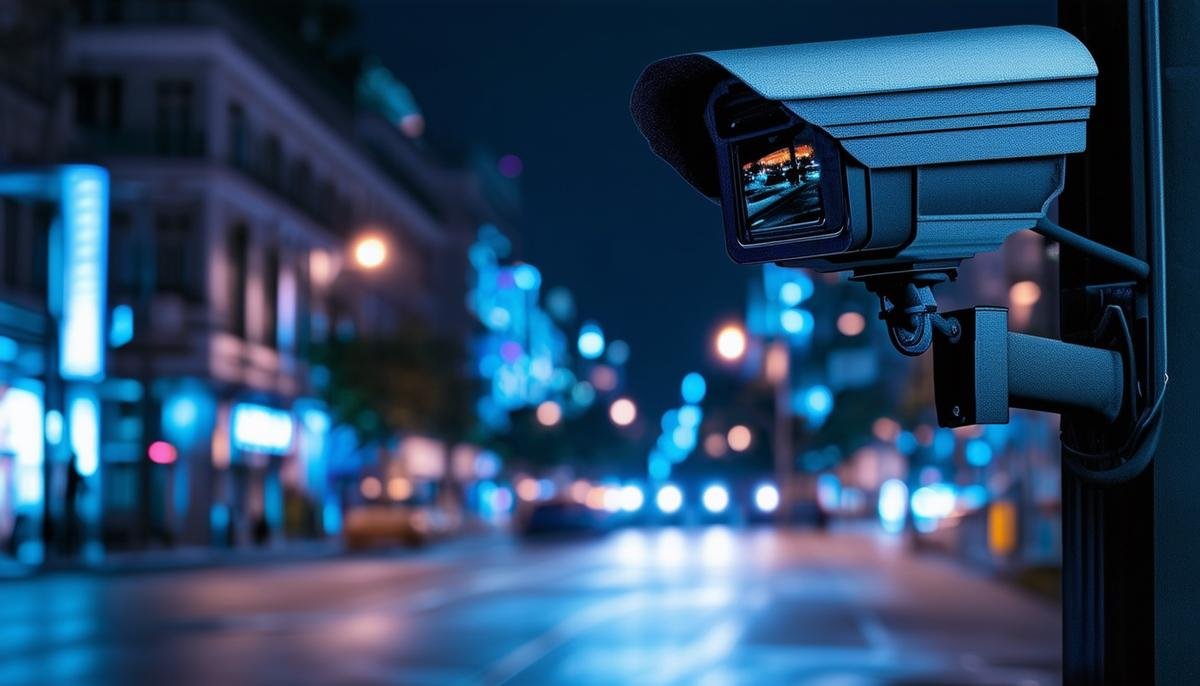 An AI-powered surveillance system monitoring a city street at night