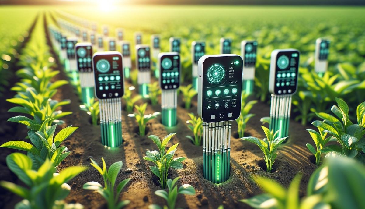 Close-up of various AI-powered sensors installed in a field, monitoring soil moisture, crop temperature, and nutrient status to provide data for machine learning algorithms to analyze crop health