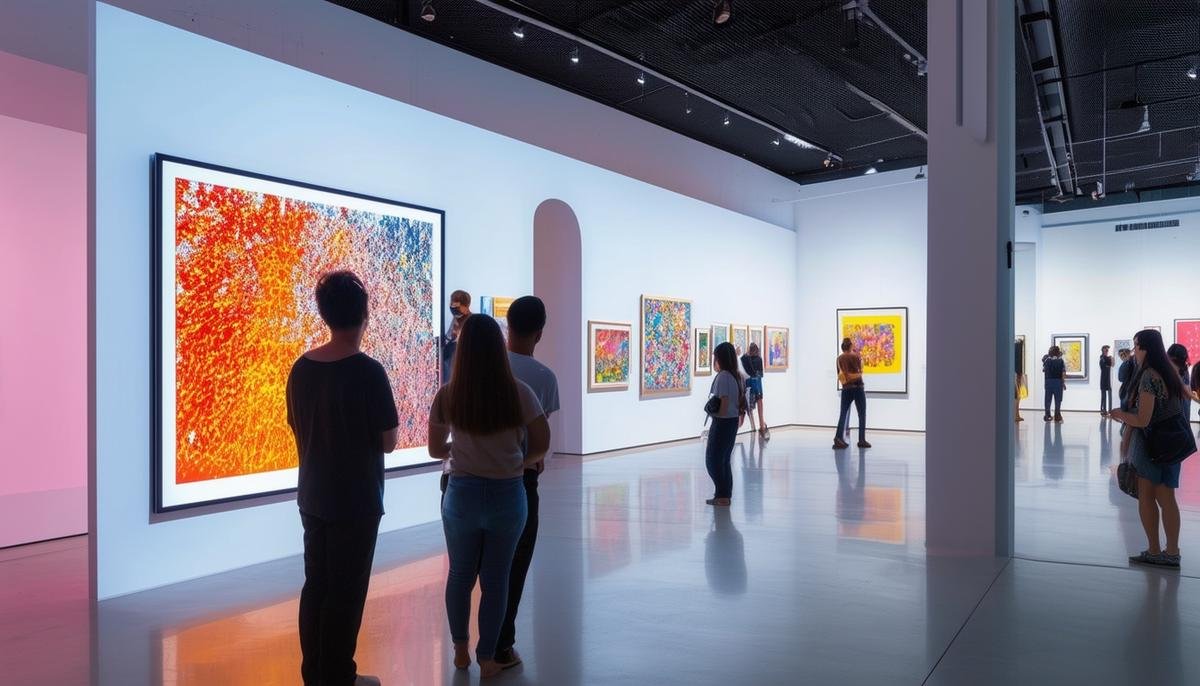 A modern art gallery with an AI-powered interactive display guiding visitors through personalized art experiences