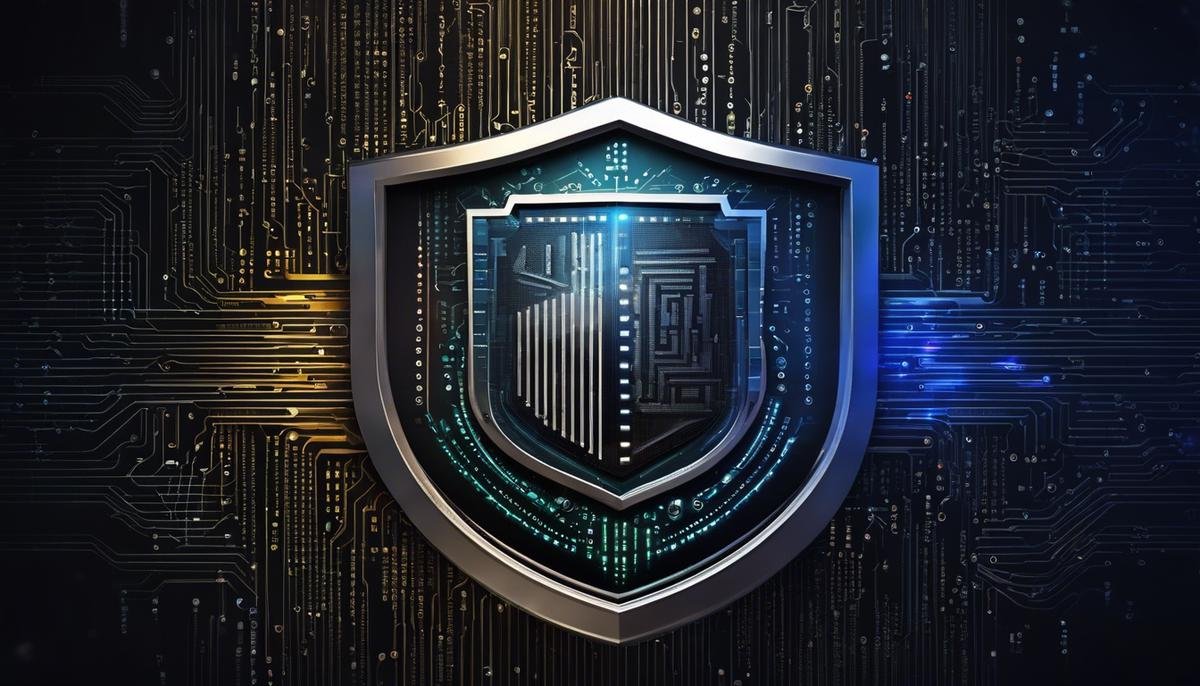 Illustration depicting the intersection of Artificial Intelligence and Cybersecurity, showing a shield with binary code patterns integrated with an AI symbol.
