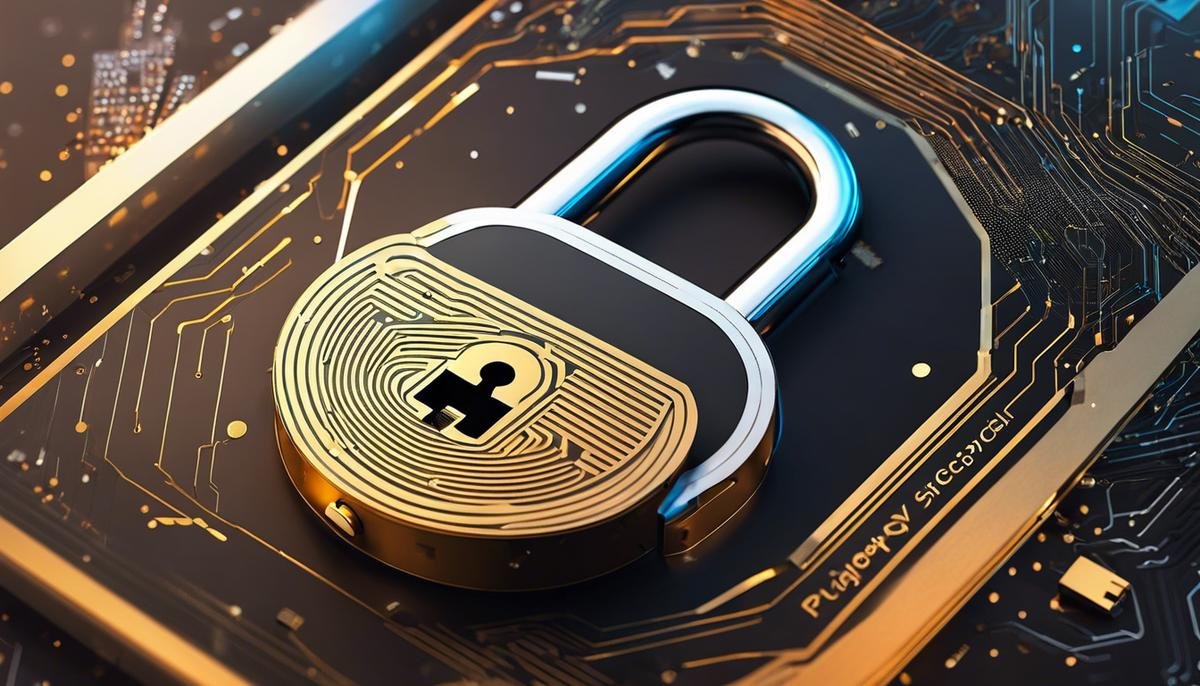 Conceptual illustration of a lock protecting data with AI algorithms and data privacy written in background