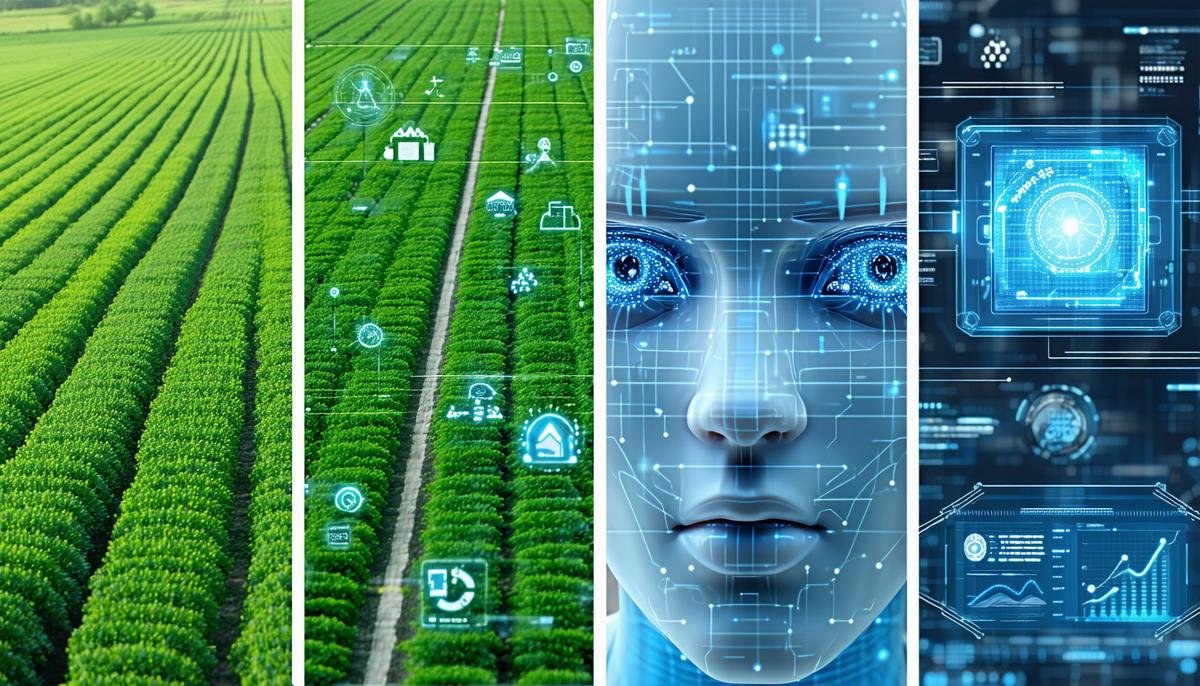 A montage of AI applications in agriculture, manufacturing, and retail sectors