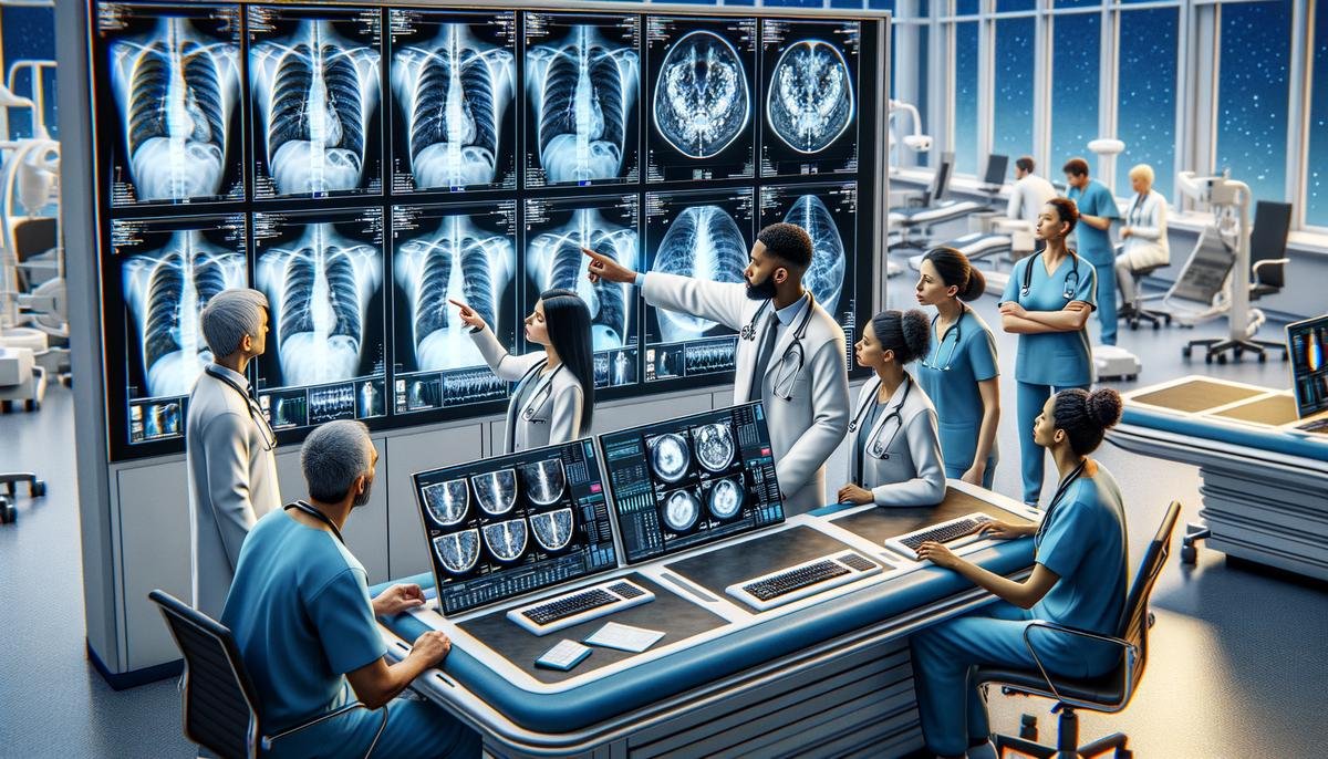 AI system analyzing medical images for early disease detection alongside medical professionals