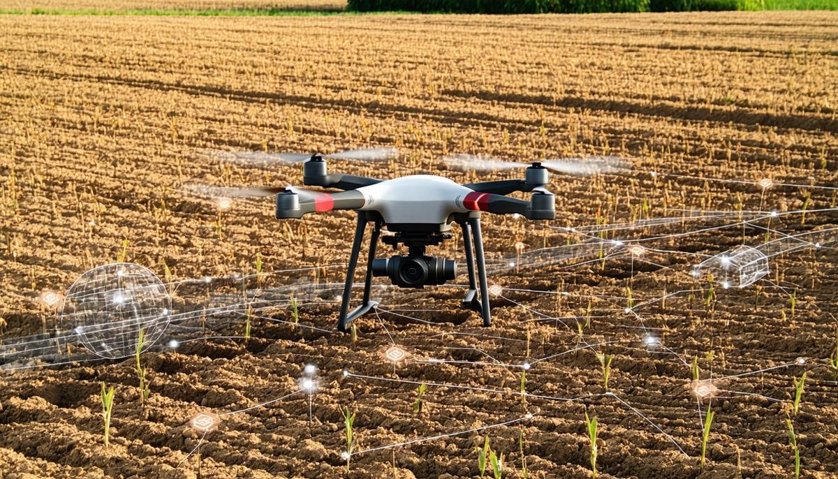 A drone flying over a crop field with visible IoT sensors in the soil